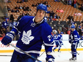 In this March 7 file photo, Toronto Maple Leafs forward Brian Boyle warms up against the Detroit Red Wings.