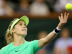 Eugenie Bouchard of Canada serves to Annika Beck of Germany during the BNP Paribas Open at the Indian Wells Tennis Garden on March 9, 2017 in Indian Wells, California.