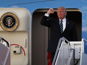 U.S. President Donald Trump arrives on Air Force One at the Palm Beach International Airport to spend part of the weekend at Mar-a-Lago resort on March 17, 2017 in West Palm Beach, Florida. President Trump has made numerous trips to his Florida home since the inauguration.