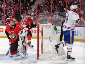Phillip Danault of the Montreal Canadiens celebrates his third period goal as Chris Kelly and goaltender Craig Anderson of the Senators react at Canadian Tire Centre in Ottawa  on Saturday night.