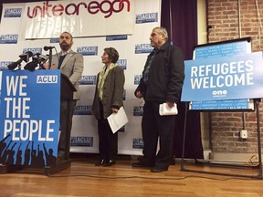 In this Feb. 1, 2017 file photo, ACLU of Oregon legal director Mat dos Santos speaks at a news conference in Portland to announce a federal lawsuit filed in U.S. District Court in Portland against President Donald Trump's executive immigration order