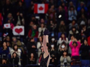 Canada's Kaetlyn Osmond, currently ranked 2nd, celebrates after competing in the womens short program at the ISU World Figure Skating Championships in Helsinki, Finland on March 29, 2017.