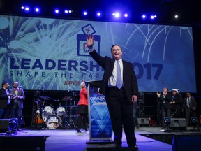 Jason Kenney celebrates his leadership win at the Alberta PC Party leadership convention in Calgary, Alta., Saturday, March 18, 2017.