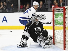 Los Angeles Kings goalie Jonathan Quick, right, stops a shot by Toronto Maple Leafs centre William Nylander to win in a shootout on March 2.