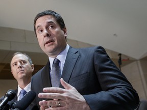 House Intelligence Committee Chairman Rep. Devin Nunes, R-Calif., right, accompanied by the committee's ranking member, Rep. Adam Schiff, D-Calif., talks to reporters, on Capitol Hill in Washington, Wednesday, March, 15, 2017, about their investigation of Russian influence on the American presidential election. Both lawmakers said they have no evidence to back up President Trump's claim that former President Barack Obama wiretapped Trump Plaza during the 2016 campaign.