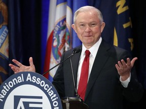 In this Feb. 28, 2017, photo, Attorney General Jeff Sessions pauses while speaking at the National Association of Attorneys General annual winter meeting in Washington.
