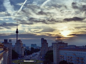 The Berlin TV tower seen at dusk.