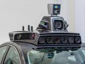 The cameras on a pilot model of an Uber self-driving car are displayed at the Uber Advanced Technologies Center on September 13, 2016 in Pittsburgh, Pennsylvania.