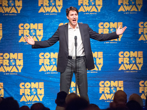 Prime Minister Justin Trudeau speaks to the audience before the start of the Broadway debut of the musical Come From Away, in New York City on Wednesday, March 15, 2017.