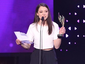 Tatiana Maslany accepts her award for Best Performance by an Actress in a Continuing Leading Dramatic Role at the 2017 Canadian Screen Awards in Toronto on Sunday, March 12, 2017.