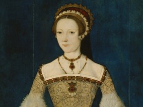 Katherine Parr in a portrait  attributed to Master John, oil on panel, circa 1545