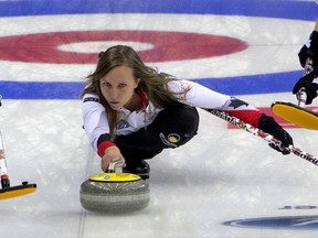 Canada's Rachel Homan releases a stone against Sweden during the CPT World Women's Curling Championship 2017 (WWCC) held in Beijing's Capital Gymnasium, Wednesday, March 22, 2017.