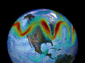 Visualization of a very wavy Northern Hemisphere jet stream. A study shows that the large scale flow of the atmosphere is changing in such a way as to cause weather to get stuck more often.