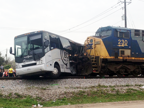 A freight train smashed into a charter bus in Biloxi, Mississippi, on Tuesday, March 7, 2017,  pushing the bus 300 feet down the tracks.