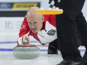 Team Canada skip Kevin Koe delivers a rock against Northern Ontario in 3 vs. 4 Page playoff game action at the Tim Hortons Brier curling championship at Mile One Centre in St. John's on Saturday, March 11, 2017. THE CANADIAN PRESS/Andrew Vaughan