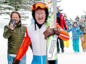 Eddie the Eagle, real name Michael Edwards, takes to the slopes at the Canada Olympic Park in Calgary in support of local jumpers on Sunday, March 5.
