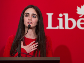Emmanuella Lambropoulos speaks after winning the Liberal party nomination for the riding of Saint-Laurent in Montreal, Wednesday, March 8, 2017.