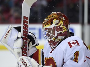 Calgary Flames goalie Brian Elliott waits for the ice to be cleaned against the Washington Capitals on March 21.