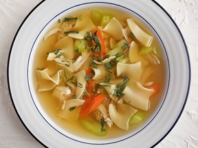 A bowl of homemade chicken soup is both comforting and light, making it satisfying at any time of year.