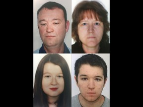 This combination of pictures made from a handout document released by the French judicial police on February 28, 2017, shows the four members of the Troadec family