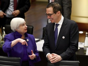 Janet Yellen, president of the Federal Reserve Board, and U.S. Treasury Secretary Steven Mnuchin talk to each others during the G20 finance ministers meeting in Baden-Baden, southern Germany, Friday, March 17, 2017.