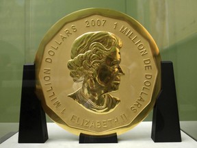 This 2010 file photo shows the gold coin 'Big Maple Leaf' in the Bode Museum in Berlin. The 100-kilogram gold coin disappeared from the museum