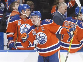 Edmonton Oilers forward Connor McDavid celebrates a goal against the Detroit Red Wings on March 4.