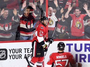 Senators forward Viktor Stalberg celebrates his goal as fans go wild during first period action against the Columbus Blue Jackets at Canadian Tire Centre in Ottawa on Saturday night.