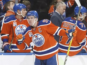 Connor McDavid of the Oilers celebrates a goal against the Detroit Red Wings during first period action in Edmonton, on Saturday night.