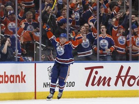 Connor McDavid celebrates a goal against the L.A. Kings on March 28.
