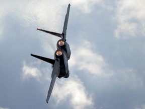 This Thursday, Dec. 29, 2016 photo shows an Israeli Air Force F-15 plane in flight during a graduation ceremony for new pilots in the Hatzerim air force base near the city of Beersheba, Israel.