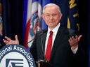 U.S. Attorney General Jeff Sessions speaks in Washington on Tuesday. The Justice Department said that his two conversations with the Russian ambassador to the U.S. took place last year when Sessions was a senator.