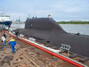 A Yasen class submarine at the pier in Sevmash shipyard in Severodvinsk, Russia.