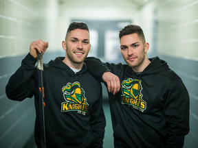 Spencer (left) and Scott McHaffie started coaching the Surrey Knights of B.C.'s Pacific Junior Hockey League midway through the 2016-17 season.
