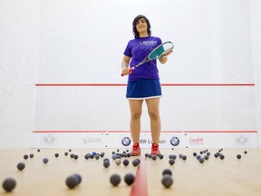 In this Sept. 19, 2013 file photo, Pakistani squash player Maria Toorpakai Wazir plays at a club in London, Ont.