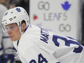 Toronto Maple Leafs forward Auston Matthews looks on before a game against the Buffalo Sabres on March 25.