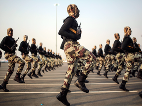 Saudi security forces take part in a military parade in preparation for the annual Hajj pilgrimage in Mecca.