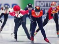 Marianne St-Gelais, second left, competes in the women's 1,000 meter quarterfinal race of the ISU World Short Track Speed Skating Championships in Rotterdam, Netherlands, on March 12.