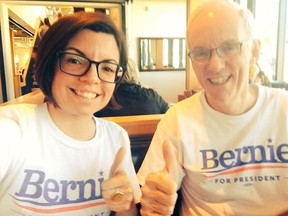 Manitoba MP Niki Ashton and her father, long-time Manitoba NDP cabinet minister Steve Ashton, pose for the camera while campaigning for Bernie Sanders during the U.S. election.