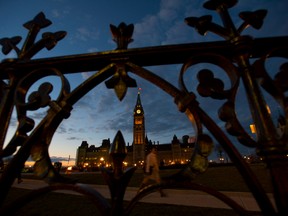 The sun sets behind Parliament Hill in Ottawa on Thursday, November 5, 2015.