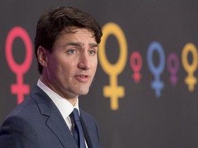 Canadian Prime Minister Justin Trudeau speaks during an event on International Women's day in Ottawa, Wednesday March 8, 2017