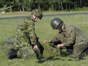 Captain Summerfield of 3rd Battalion, Princess Patricia's Canadian Light Infantry helps out a Polish paratrooperas part of NATO reassurance exercises on July 11, 2014.