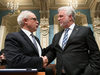 Quebec Finance Minister Carlos Leitao, left, with Quebec Premier Philippe Couillard moments before presenting the budget speech, Tuesday, March 28, 2017 in Quebec City.