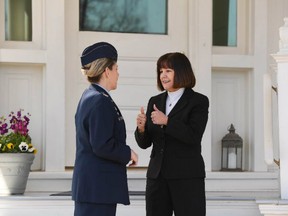 Karen Pence greets U.S. Air Force Col. Michelle Pufall as she hosts a gathering of female service members in recognition of Women's History Month at the U.S. Naval Observatory.