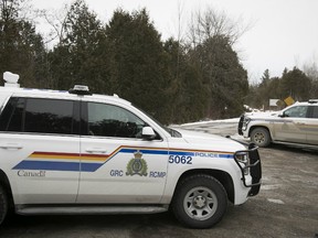 RCMP cars at the Canada-U.S. border in Saint-Bernard-de-Lacolle, Quebec.