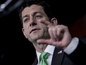 U.S. House Speaker Paul Ryan, a Republican from Wisconsin, speaks during a news conference on Capitol Hill in Washington, D.C., U.S., on Thursday, March 16, 2017. Republican leaders in Congress may scrap a provision in the House GOPs Obamacare replacement bill that would require insurers to charge a 30 percent penalty to customers who go without coverage for at least 63 days.