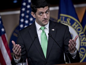 U.S. House Speaker Paul Ryan, a Republican from Wisconsin, speaks during a news conference on Capitol Hill in Washington, D.C., U.S., on Thursday, March 16, 2017. Republican leaders in Congress may scrap a provision in the House GOPs Obamacare replacement bill that would require insurers to charge a 30 percent penalty to customers who go without coverage for at least 63 days.