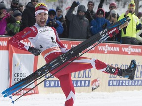 Canada's Alex Harvey celebrates after winning the 1.5-kilometre freestyle sprint race at the final World Cup cross-country event of the season in Quebec City on Friday, March 17, 2017.