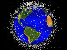 A illustration of debris in low-earth orbit.