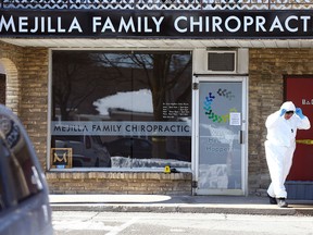 Halton Police investigate at the Mejilla Family Chiropractic clinic in Burlington after a fatal shooting on Thursday.